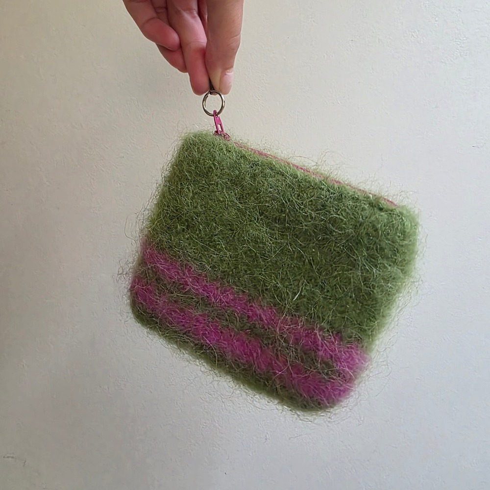 Vintage Y2K Fuzzy Wool Mohair Pouch Green Pink Striped Small Zip Bag Accessory